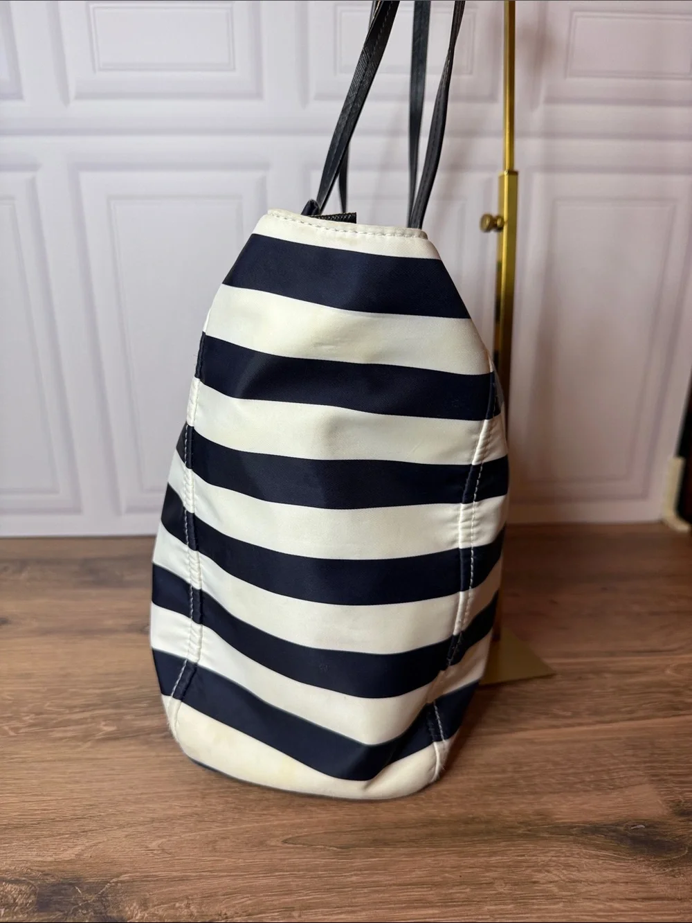 Kate Spade New York Navy & White Striped Nylon Zip Tote Large Shoulder Bag